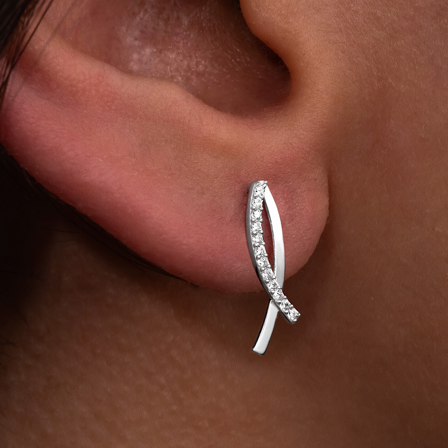 خرید گوشواره طلا میخی دو خط خم ساده و نگین سفید