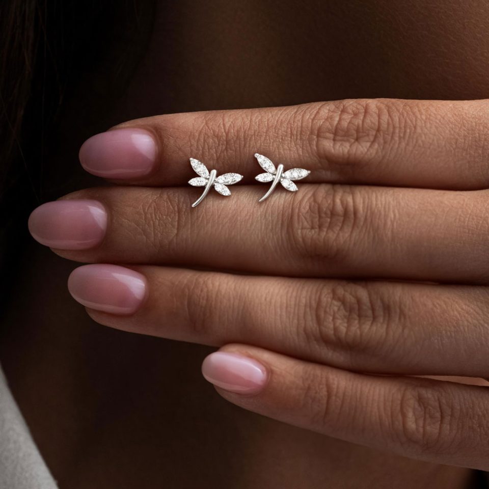 خرید گوشواره طلا میخی سنجاقک سفید