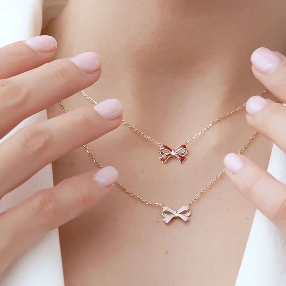 خرید گردنبند طلا روبان مینایی قرمز