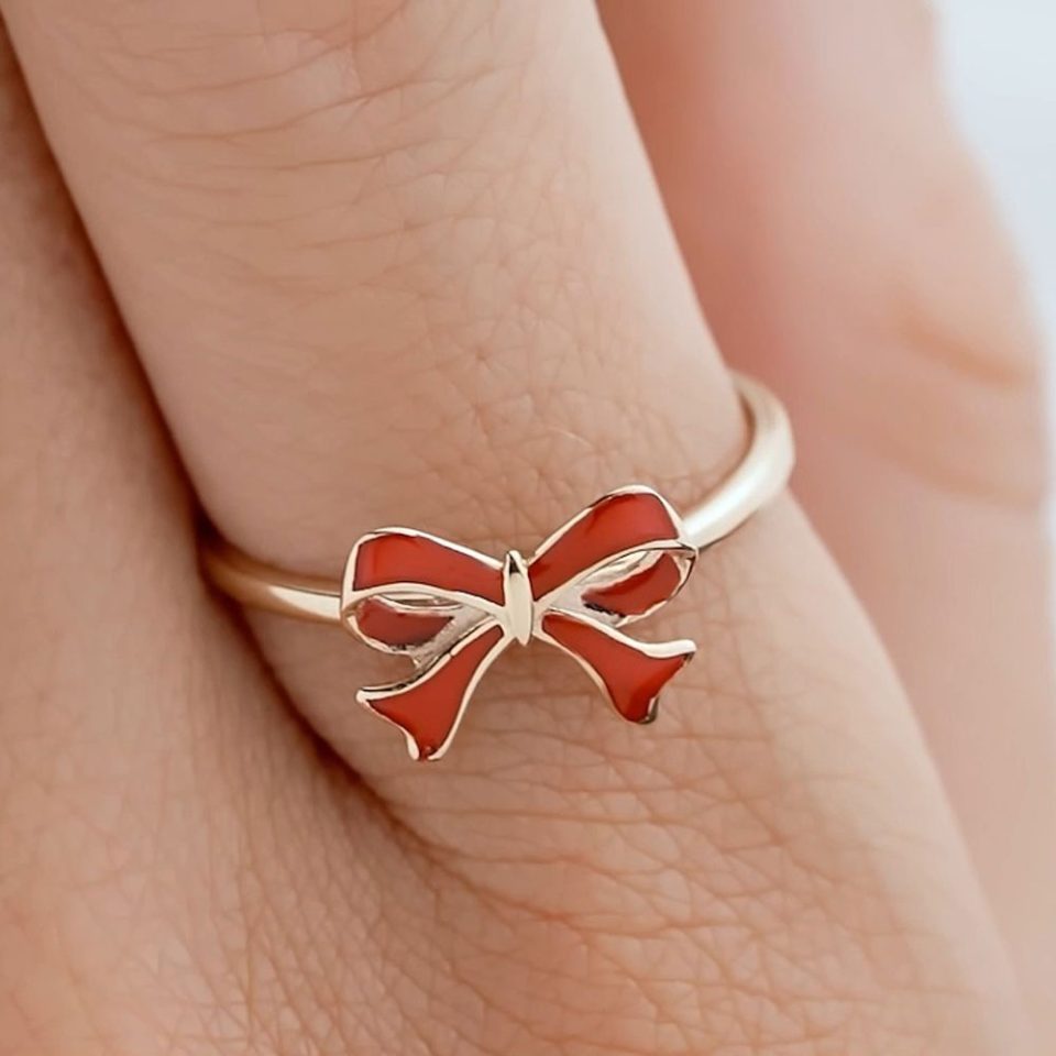 خرید انگشتر طلا روبان مینایی قرمز