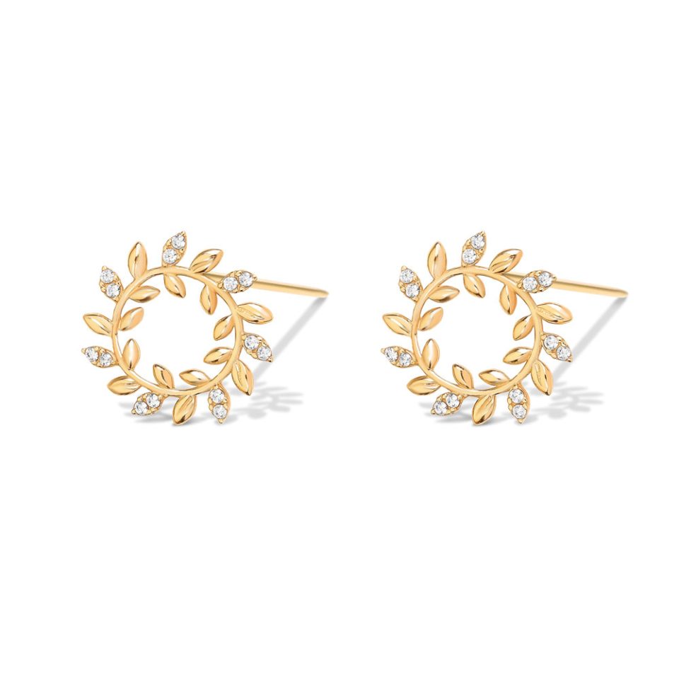 خرید گوشواره طلا دایره برگ زیتون نگینی