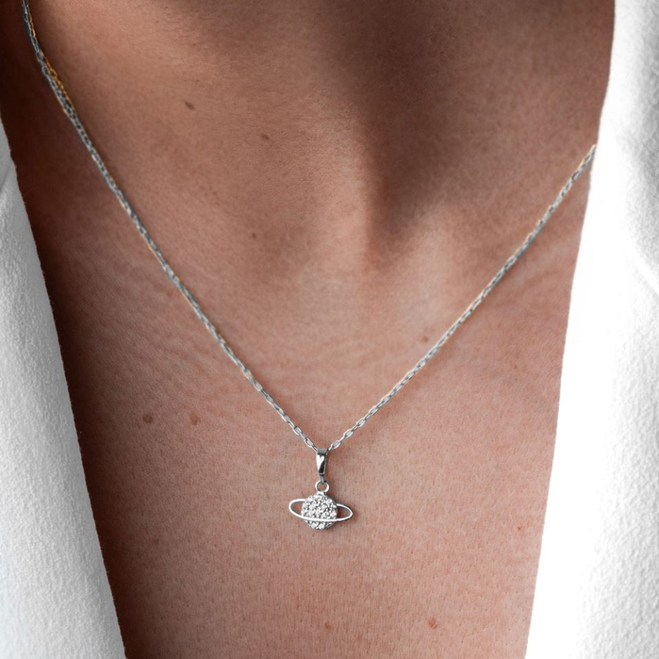 خرید پلاک طلا زحل نگینی سفید