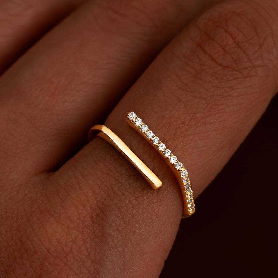 خرید انگشتر طلا دو خط خم ساده و نگین