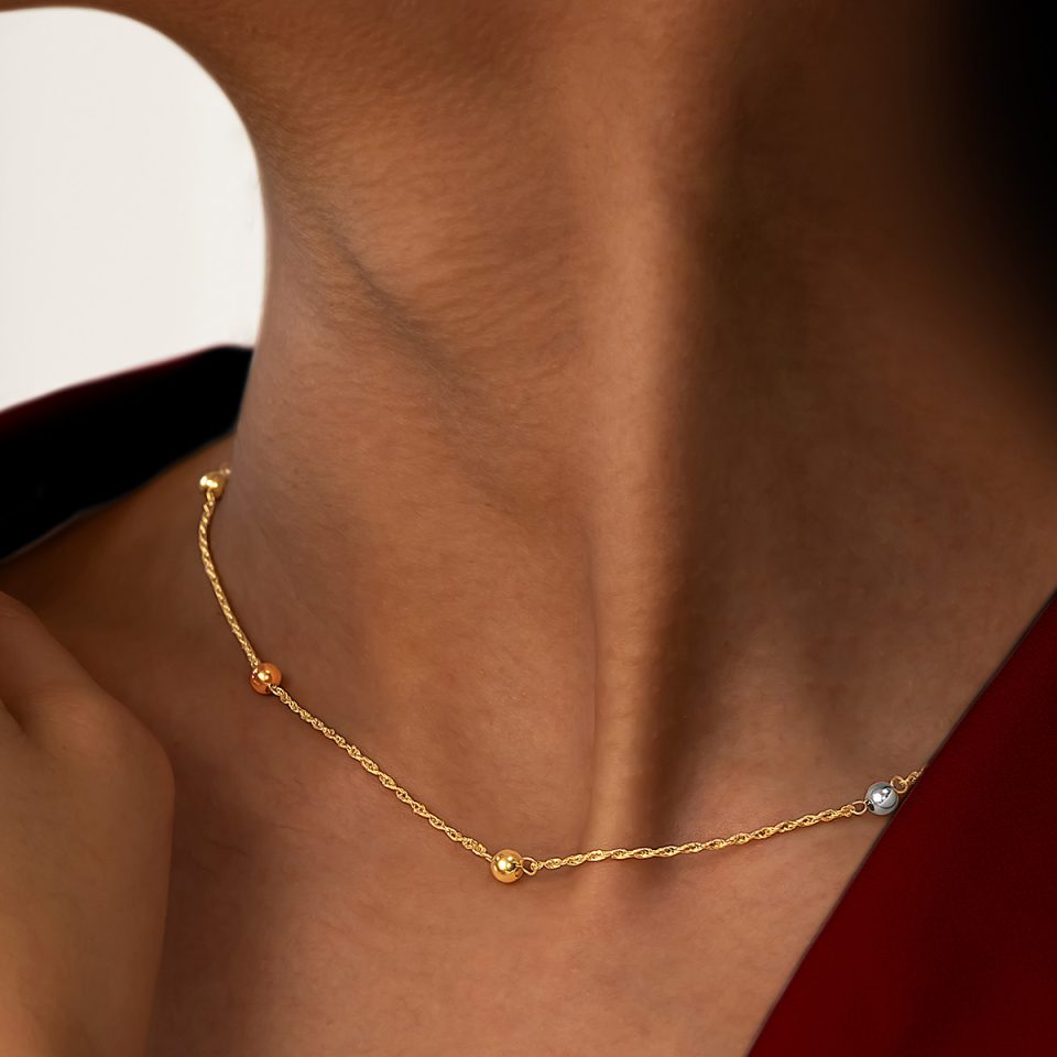 خرید گردنبند طلا طنابی و گوی دو رنگ