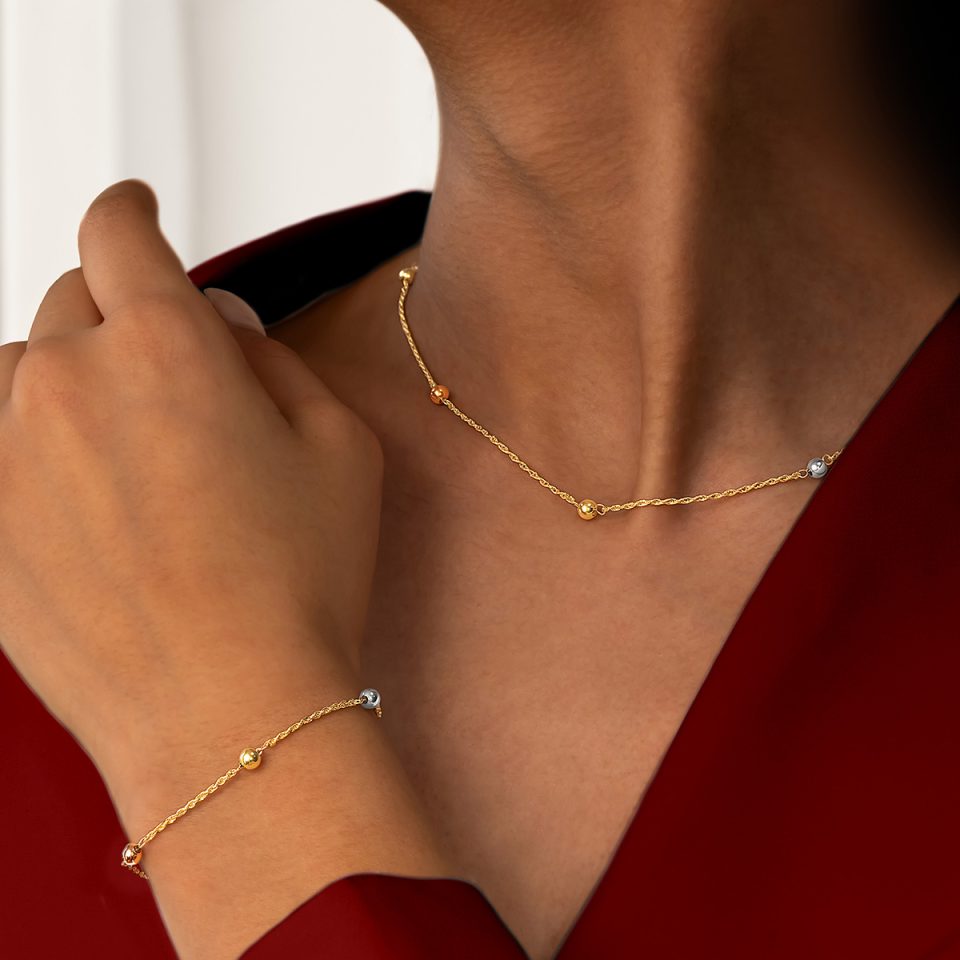 خرید گردنبند طلا طنابی و گوی دو رنگ