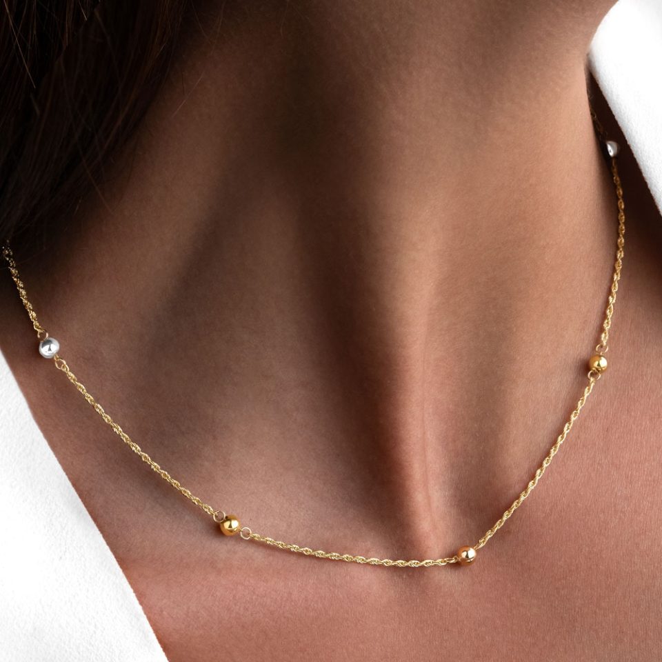 خرید گردنبند طلا طنابی و گوی دو رنگ