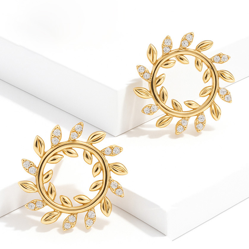 خرید گوشواره طلا دایره برگ زیتون نگینی
