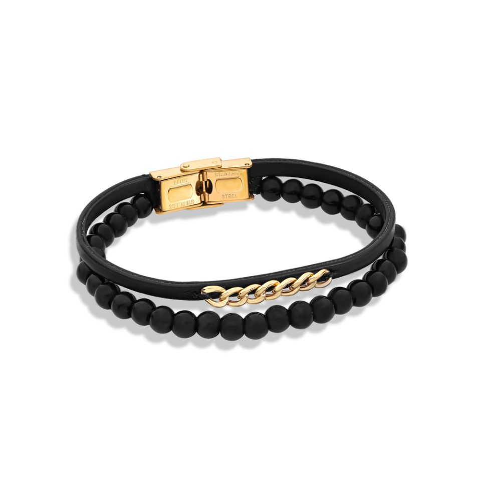 خرید دستبند طلا کارتیه چرم و مهره مات فانتزی