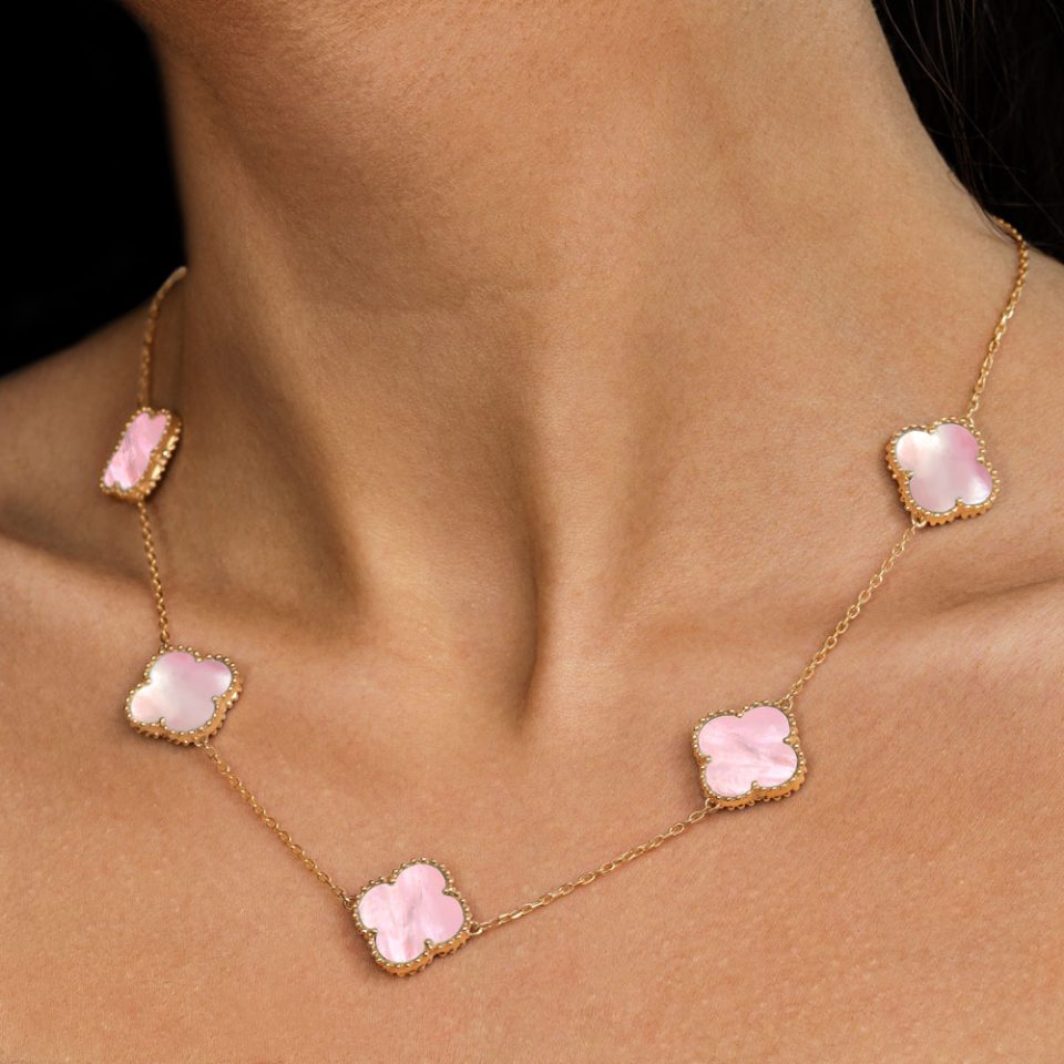 خرید گردنبند طلا ونکلیف صورتی صدفی 5