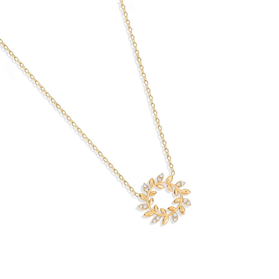 خرید گردنبند طلا دایره برگ زیتون نگینی